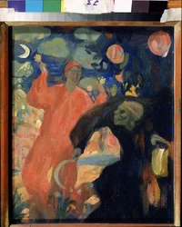En mémoire de Nikolai Sapunov (1880-1912). La mort personnifiée se courbe et fuit devant une figure souriante de la vie, agitant des maracas. Œuvre de Nicolas Dimitrievich Millioti (1874-1962), huile sur carton