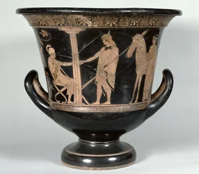 Cratère en calice à figures rouges attiques représentant un hoplite revenant de la guerre