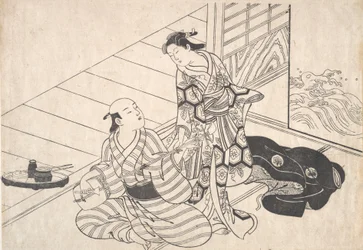 Dame interrompant son amant, qui joue du shamisen