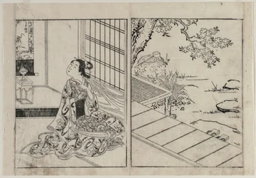 Femme regardant un rouleau suspendu, vers 1740