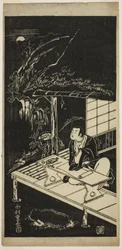 Homme dans une hutte de chaume regardant la lune