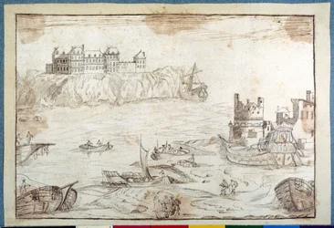 Un château surmontant des falaises, avec des études de galions et de bateaux de pêche