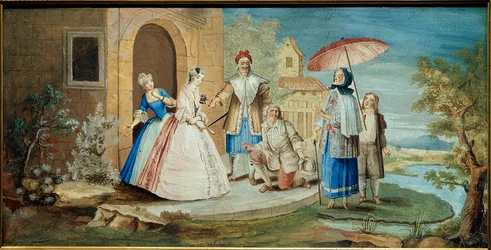 Comédien et dramaturge Jean Baptiste Poquelin dit Molière (un genou à terre) et ses comédiens dans la pièce Georges Dandin ou le mari confondu en 1668. Peinture de Noël Coypel (1628-1707) 1668 Collection Jacques Lorcey