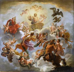 French: Jupiter accompagné de la Justice et de la Piété Jupiter Chariot between Justice and Piety