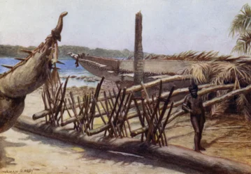 Vieilles pirogues de guerre, près de Malekula, Nouvelles-Hébrides