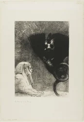 Le Sphinx : "...mon regard que rien ne peut détourner, traversant les objets, reste fixé sur un horizon inaccessible." La Chimère : "Quant à moi, je suis légère et joyeuse," planche 5 de À Gustave Flaubert