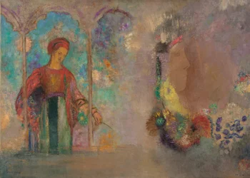 Femme dans une galerie gothique : femme avec des fleurs