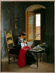 Risorgimento : femme cousant un drapeau italien le 26/04/1859