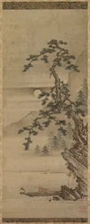 Paysage au clair de lune avec un vieil homme dans un bateau, période Muromachi, 1392-1573