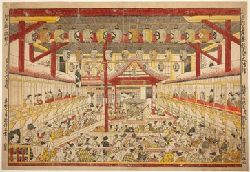 Grande image perspective de la performance Kaomise sur la scène Kabuki (Shibai kyogen butai kaomise o uki-e)