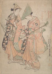 Onoe Kikugoro dans le rôle de Yaoya Oshichi et Nakamura Kiyosaburo comme son amant le kosho, 1750