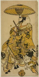 Les acteurs Nakamura Takesaburo en Shikishi Naishinno et Tsuruya Nanboku en Gengoro dans la pièce "Tategami Teika Kazura," jouée au théâtre Ichimura au onzième mois, 1719