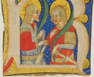 Feuille de manuscrit montrant une initiale illuminée R avec St. Protasius et St. Gervasius, milieu du XVe siècle
