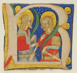 Feuillet de Manuscrit Montrant une Initiale R Illuminée avec St. Protasius, milieu du 15ème siècle