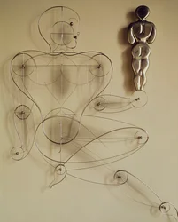 Homo, figure en fil de fer avec figure de dos dans sa main