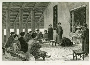 Une cérémonie de mariage au Tonkin. Gravure de Tofani, pour illustrer l