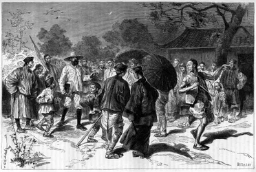 Le Dr Piassetzky voyage en Chine, toujours accompagné de Chinois. Gravure d