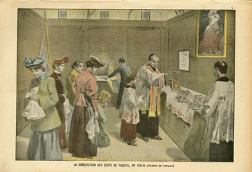 Illustration de Oswaldo Tofani (1849-1915) dans Le Pèlerin, 03/04/04 - La bénédiction des œufs de Pâques en Italie - Italie, Religion Foi, Pâques, Catholicisme - Œuf