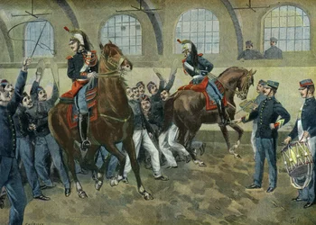 Les gardes republicains exercent les chevaux au bruit et a la foule, Paris