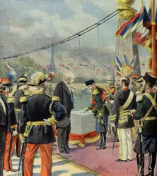 Nicolas 2 pose la première pierre du pont Alexandre 3, en présence de Félix Faure, Paris 1896 (Gravure)