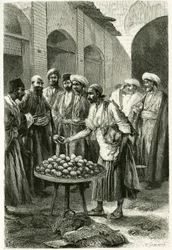 Le marchand de poissons à Kachan (ou Kashan, dans la province de Téhéran, Iran actuel). Gravure par Tofani, d