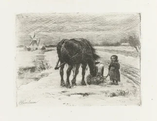 Paysage enneigé avec enfant et cheval