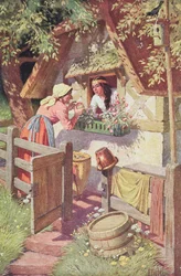 La méchante reine, déguisée en vieille femme, offre la pomme empoisonnée à Blanche-Neige, illustration du conte de fées des frères Grimm 