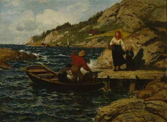 Pêcheur, femme et enfant près du quai