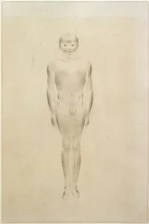 Nu de garçon avec jambes fermées et bras tendus