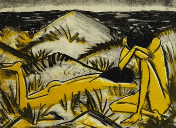 Dunes, une assise et une fille allongée