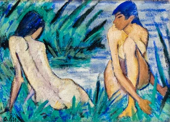 Deux filles dans les roseaux, vers 1920 (Huile sur toile de jute)