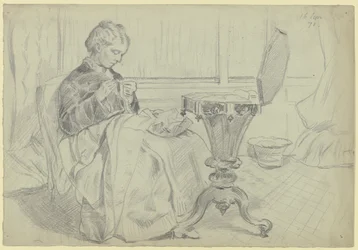 Luise Scholderer à sa table de couture, en train de faire de la couture à la main