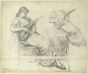 Jeune femme assise jouant de la mandoline