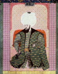 Portrait du Sultan Ottoman Bajazed II le Juste (1447-1512). Miniature du manuscrit « Zubdat al-Tawarikh » par l