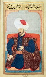 Empire ottoman : portrait du premier sultan Osman Ier (1258-1326). Miniature du manuscrit « Physiognomie humaine (Sur les coutumes personnelles des Ottomans) » de Seyyid Lokman Hussein. (Ms. ty6087, folio 21b)