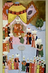 Sultan Bayezid I et sa cour. Miniature du « Hunername » de Lokman, vol. 1 (H 1523, f.7) 1584. Bibliothèque du musée du palais de Topkapi, Istanbul