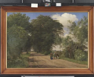 Une route de campagne près du manoir de Vognserup, Zélande. Le peintre J.Th. Lundbye esquissant au bord de la route