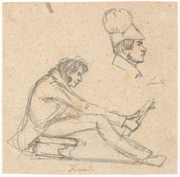H.E. Freund assis sur un tabouret et regardant un dessin. En haut à droite, portrait de profil de J. Th. Lundbye.