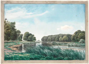 Paysage boisé avec un lac et trois enfants pêchant