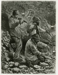 Mineurs extrayant du charbon dans la veine. Gravure par Ferat, pour illustrer le récit « Belgique », par Camille Lemonnier. Publié dans Le Tour du monde, nouveau journal des voyages, 2e semestre 1884, édité par Édouard Charton