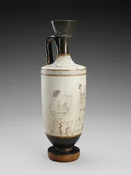 Lécythe à épaule avec peinture polychrome sur fond blanc de scène funéraire, 450-440 av. J.-C.