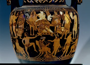 Crater à volutes à figures rouges attiques, détail de la scène des acteurs et musiciens se préparant pour une représentation devant Bacchus et Ariane, grec, de Ruvo, 5ème siècle av. J.-C.