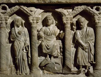 Sarcophage paléochrétien également connu sous le nom de Sarcophage du Bienheureux Gilles, marbre, Oratoire de San Bernardino, Pérouse, Ombrie, Détail, Italie, 4ème siècle