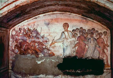 Art paléochrétien, période de la Rome antique : traversée de la mer Rouge. Fresque de la catacombe de la Via Latina à Rome. IVe siècle.