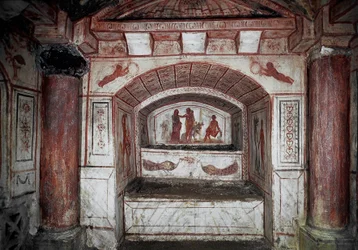 Art paléochrétien : Hercule (Alcide) ramène Alceste des Enfers et la rend à son époux Admète. Fresque du IVe siècle apr. J.-C., Rome, catacombes de la Via Latina