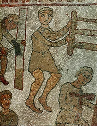 Un charpentier avec une scie, un autre avec une hache. Mosaïque (mosaïque)