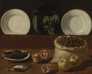 Nature morte avec assiettes, un sac rempli d