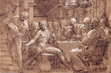 Le souper de saint Grégoire, dessin de Paolo Farinati (1524-1606), aquarelle gris-brun, plume, blanc de plomb et crayon noir, Italie