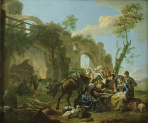 Cavaliers se reposant parmi des ruines classiques avec une diseuse de bonne aventure