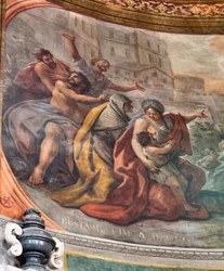 Fresques de Paolo de Matteis datées de 1714 sur la voûte et sur le tambour, représentant la vie du saint, chapelle de San Cataldo dans la cathédrale, Tarente, Italie (photo)